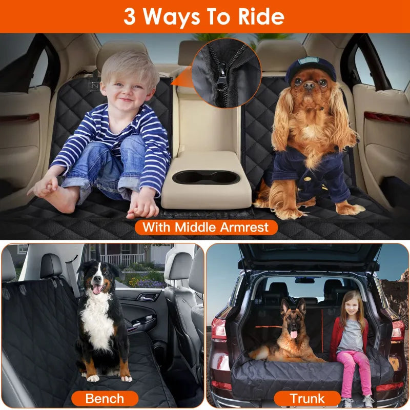 Happy dog riding comfortably with waterproof car seat cover protection