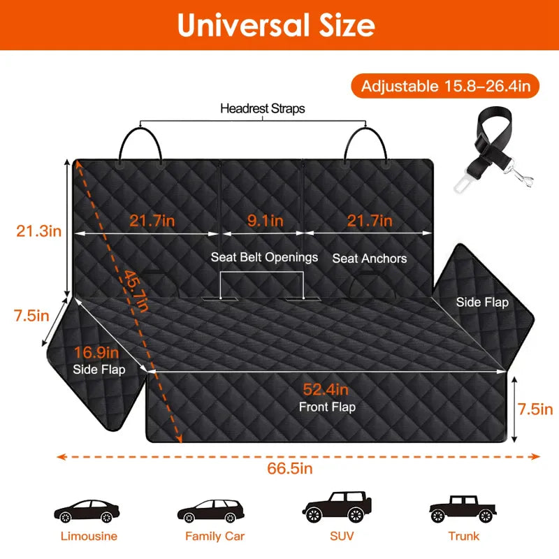 Dog car seat cover protecting leather seats during road trip